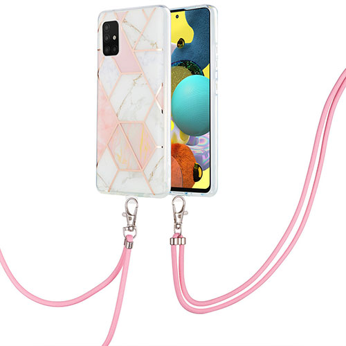 Silicone Candy Rubber Gel Fashionable Pattern Soft Case Cover with Lanyard Strap Y01B for Samsung Galaxy A51 5G Pink