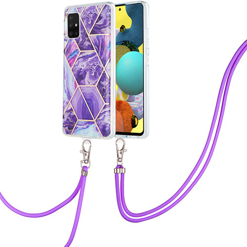 Silicone Candy Rubber Gel Fashionable Pattern Soft Case Cover with Lanyard Strap Y01B for Samsung Galaxy A51 5G Purple