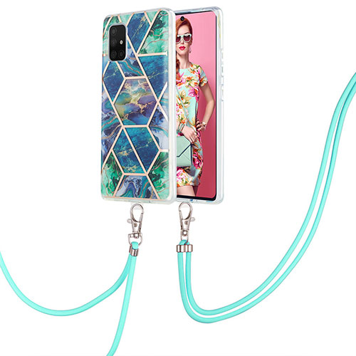 Silicone Candy Rubber Gel Fashionable Pattern Soft Case Cover with Lanyard Strap Y01B for Samsung Galaxy A71 4G A715 Midnight Green