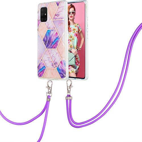 Silicone Candy Rubber Gel Fashionable Pattern Soft Case Cover with Lanyard Strap Y01B for Samsung Galaxy A71 5G Clove Purple