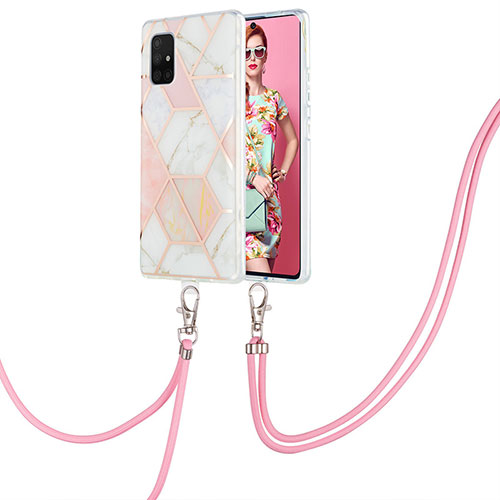 Silicone Candy Rubber Gel Fashionable Pattern Soft Case Cover with Lanyard Strap Y01B for Samsung Galaxy A71 5G Pink