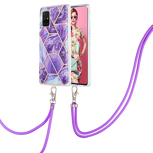 Silicone Candy Rubber Gel Fashionable Pattern Soft Case Cover with Lanyard Strap Y01B for Samsung Galaxy A71 5G Purple