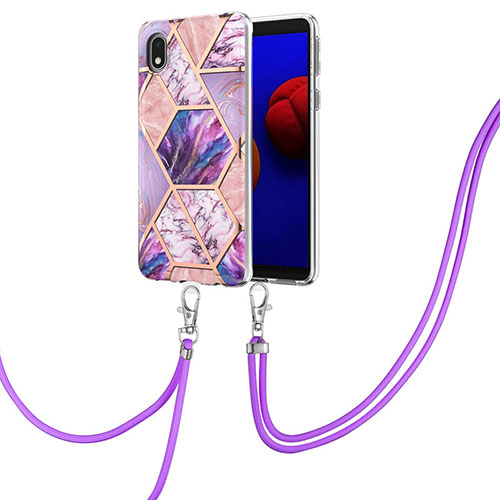 Silicone Candy Rubber Gel Fashionable Pattern Soft Case Cover with Lanyard Strap Y01B for Samsung Galaxy M01 Core Clove Purple