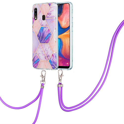 Silicone Candy Rubber Gel Fashionable Pattern Soft Case Cover with Lanyard Strap Y01B for Samsung Galaxy M10S Clove Purple