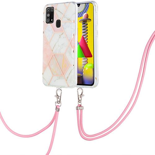 Silicone Candy Rubber Gel Fashionable Pattern Soft Case Cover with Lanyard Strap Y01B for Samsung Galaxy M21s Pink