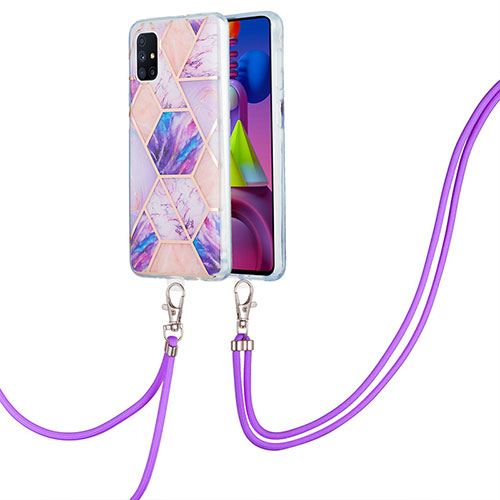Silicone Candy Rubber Gel Fashionable Pattern Soft Case Cover with Lanyard Strap Y01B for Samsung Galaxy M51 Clove Purple