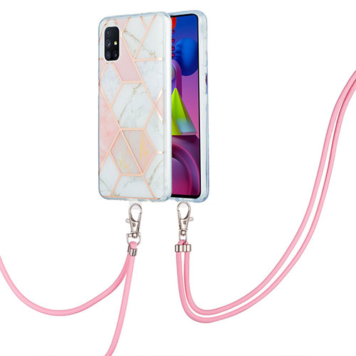 Silicone Candy Rubber Gel Fashionable Pattern Soft Case Cover with Lanyard Strap Y01B for Samsung Galaxy M51 Pink