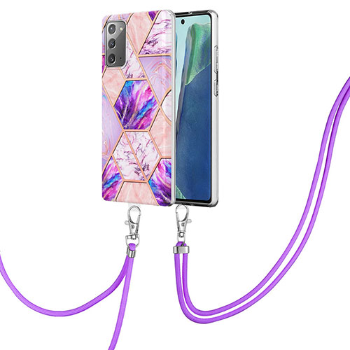 Silicone Candy Rubber Gel Fashionable Pattern Soft Case Cover with Lanyard Strap Y01B for Samsung Galaxy Note 20 5G Clove Purple