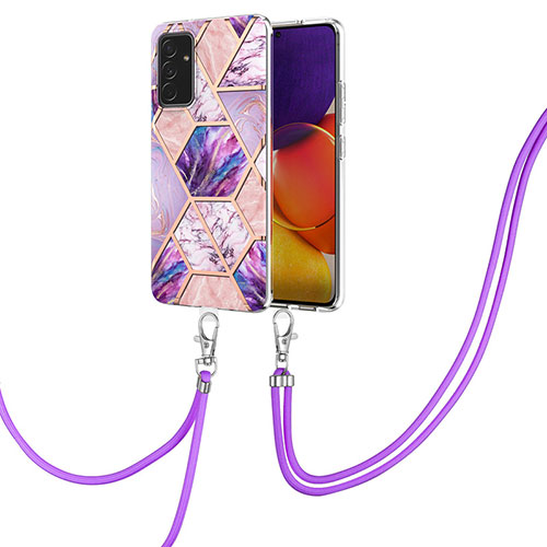 Silicone Candy Rubber Gel Fashionable Pattern Soft Case Cover with Lanyard Strap Y01B for Samsung Galaxy Quantum2 5G Clove Purple