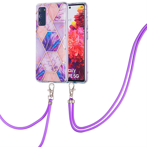 Silicone Candy Rubber Gel Fashionable Pattern Soft Case Cover with Lanyard Strap Y01B for Samsung Galaxy S20 FE (2022) 5G Clove Purple