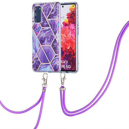 Silicone Candy Rubber Gel Fashionable Pattern Soft Case Cover with Lanyard Strap Y01B for Samsung Galaxy S20 FE 5G Purple