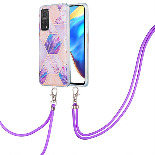 Silicone Candy Rubber Gel Fashionable Pattern Soft Case Cover with Lanyard Strap Y01B for Xiaomi Mi 10T 5G Clove Purple