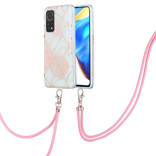 Silicone Candy Rubber Gel Fashionable Pattern Soft Case Cover with Lanyard Strap Y01B for Xiaomi Mi 10T 5G Pink