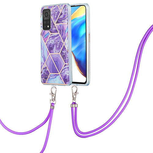 Silicone Candy Rubber Gel Fashionable Pattern Soft Case Cover with Lanyard Strap Y01B for Xiaomi Mi 10T 5G Purple