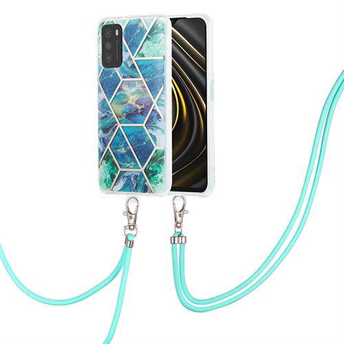 Silicone Candy Rubber Gel Fashionable Pattern Soft Case Cover with Lanyard Strap Y01B for Xiaomi Poco M3 Midnight Green