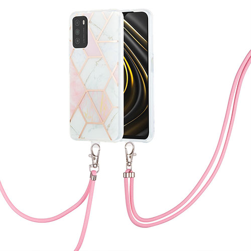 Silicone Candy Rubber Gel Fashionable Pattern Soft Case Cover with Lanyard Strap Y01B for Xiaomi Poco M3 Pink