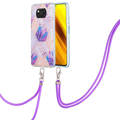 Silicone Candy Rubber Gel Fashionable Pattern Soft Case Cover with Lanyard Strap Y01B for Xiaomi Poco X3 Pro Clove Purple