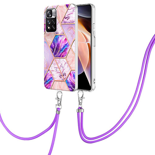 Silicone Candy Rubber Gel Fashionable Pattern Soft Case Cover with Lanyard Strap Y01B for Xiaomi Redmi Note 11 Pro+ Plus 5G Clove Purple