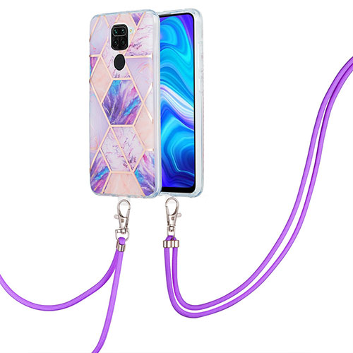 Silicone Candy Rubber Gel Fashionable Pattern Soft Case Cover with Lanyard Strap Y01B for Xiaomi Redmi Note 9 Clove Purple