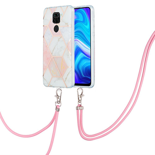 Silicone Candy Rubber Gel Fashionable Pattern Soft Case Cover with Lanyard Strap Y01B for Xiaomi Redmi Note 9 Pink