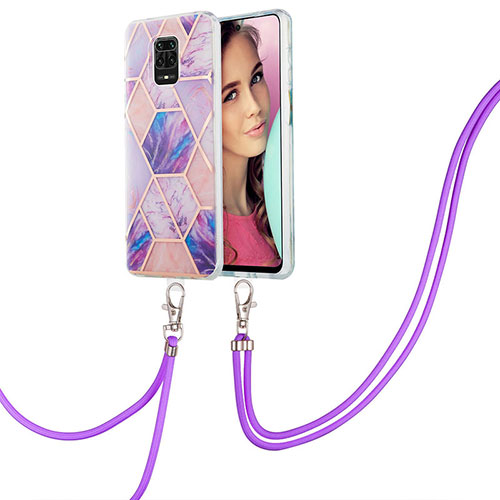 Silicone Candy Rubber Gel Fashionable Pattern Soft Case Cover with Lanyard Strap Y01B for Xiaomi Redmi Note 9 Pro Clove Purple