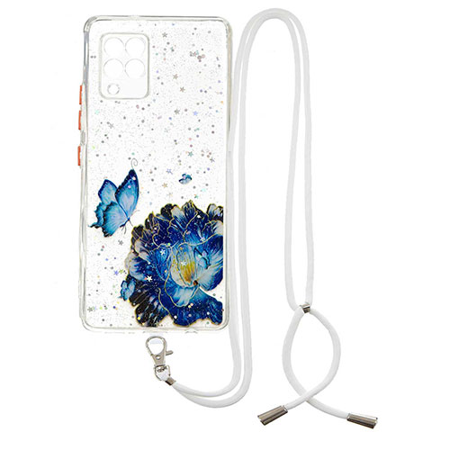 Silicone Candy Rubber Gel Fashionable Pattern Soft Case Cover with Lanyard Strap Y01X for Samsung Galaxy A42 5G Blue