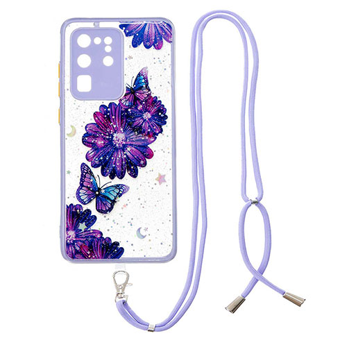 Silicone Candy Rubber Gel Fashionable Pattern Soft Case Cover with Lanyard Strap Y01X for Samsung Galaxy S20 Ultra 5G Purple