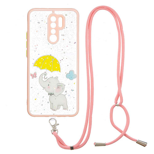 Silicone Candy Rubber Gel Fashionable Pattern Soft Case Cover with Lanyard Strap Y01X for Xiaomi Redmi 9 Prime India Yellow