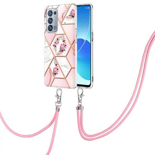 Silicone Candy Rubber Gel Fashionable Pattern Soft Case Cover with Lanyard Strap Y02B for Oppo Reno6 Pro 5G Pink