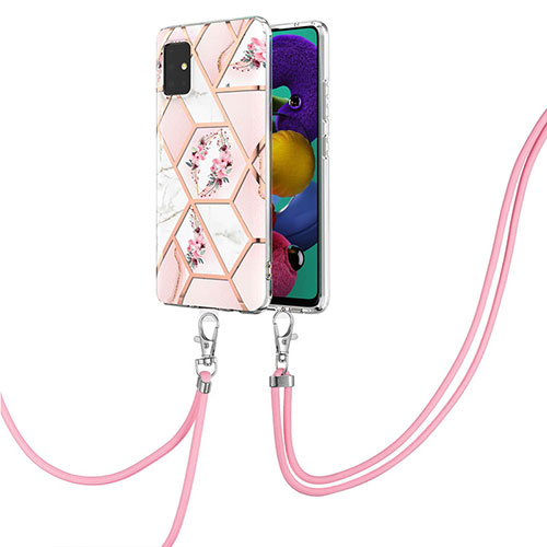 Silicone Candy Rubber Gel Fashionable Pattern Soft Case Cover with Lanyard Strap Y02B for Samsung Galaxy A51 5G Pink