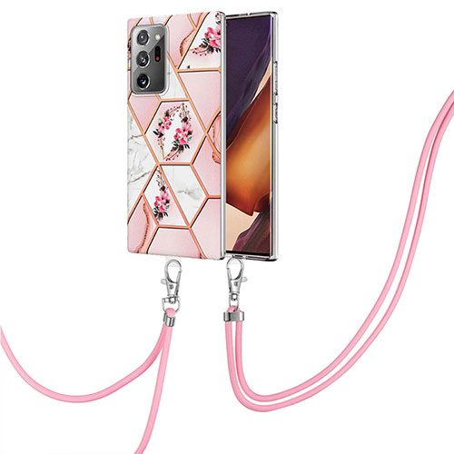 Silicone Candy Rubber Gel Fashionable Pattern Soft Case Cover with Lanyard Strap Y02B for Samsung Galaxy Note 20 Ultra 5G Pink