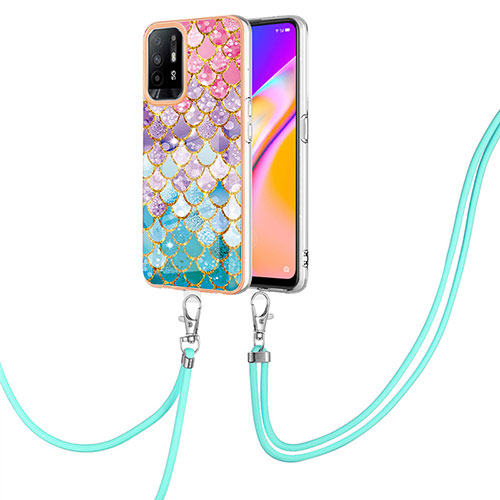 Silicone Candy Rubber Gel Fashionable Pattern Soft Case Cover with Lanyard Strap Y03B for Oppo F19 Pro+ Plus 5G Colorful