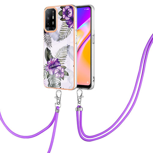 Silicone Candy Rubber Gel Fashionable Pattern Soft Case Cover with Lanyard Strap Y03B for Oppo Reno5 Z 5G Purple