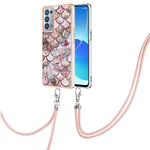 Silicone Candy Rubber Gel Fashionable Pattern Soft Case Cover with Lanyard Strap Y03B for Oppo Reno6 Pro 5G Brown