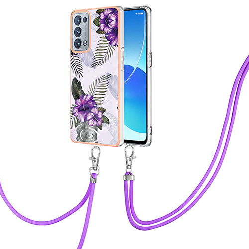 Silicone Candy Rubber Gel Fashionable Pattern Soft Case Cover with Lanyard Strap Y03B for Oppo Reno6 Pro+ Plus 5G Purple