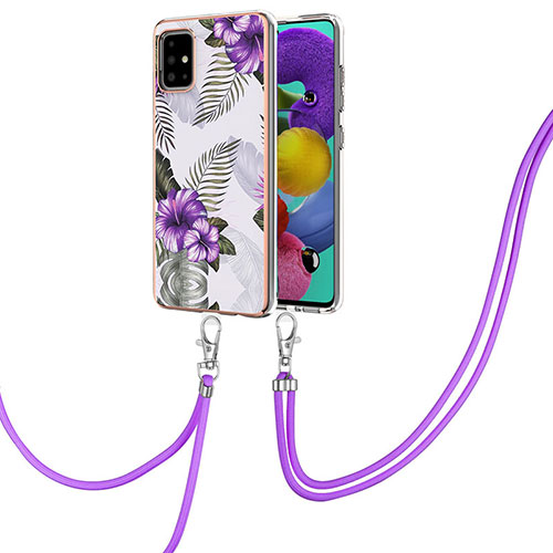 Silicone Candy Rubber Gel Fashionable Pattern Soft Case Cover with Lanyard Strap Y03B for Samsung Galaxy A51 5G Purple