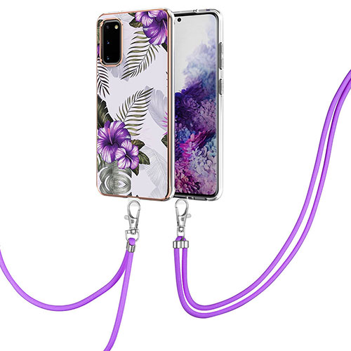 Silicone Candy Rubber Gel Fashionable Pattern Soft Case Cover with Lanyard Strap Y03B for Samsung Galaxy S20 5G Purple