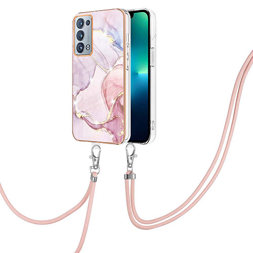 Silicone Candy Rubber Gel Fashionable Pattern Soft Case Cover with Lanyard Strap Y05B for Oppo Reno6 Pro+ Plus 5G Pink