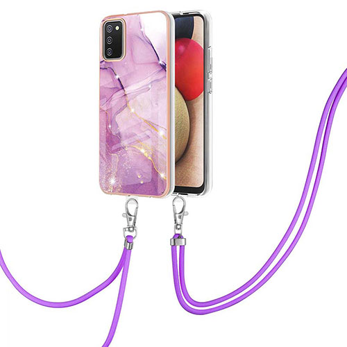 Silicone Candy Rubber Gel Fashionable Pattern Soft Case Cover with Lanyard Strap Y05B for Samsung Galaxy A02s Clove Purple