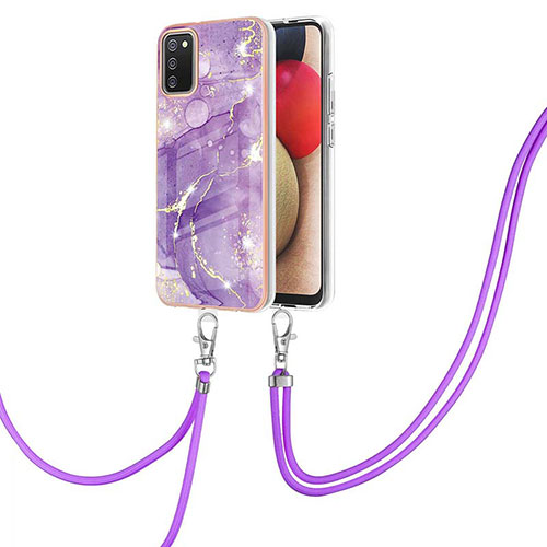 Silicone Candy Rubber Gel Fashionable Pattern Soft Case Cover with Lanyard Strap Y05B for Samsung Galaxy A02s Purple