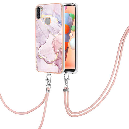Silicone Candy Rubber Gel Fashionable Pattern Soft Case Cover with Lanyard Strap Y05B for Samsung Galaxy A11 Pink