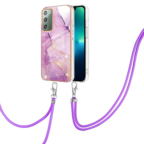 Silicone Candy Rubber Gel Fashionable Pattern Soft Case Cover with Lanyard Strap Y05B for Samsung Galaxy Note 20 5G Clove Purple