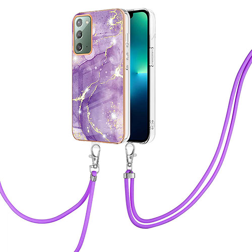 Silicone Candy Rubber Gel Fashionable Pattern Soft Case Cover with Lanyard Strap Y05B for Samsung Galaxy Note 20 5G Purple