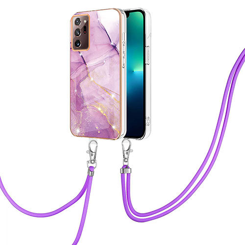Silicone Candy Rubber Gel Fashionable Pattern Soft Case Cover with Lanyard Strap Y05B for Samsung Galaxy Note 20 Ultra 5G Clove Purple