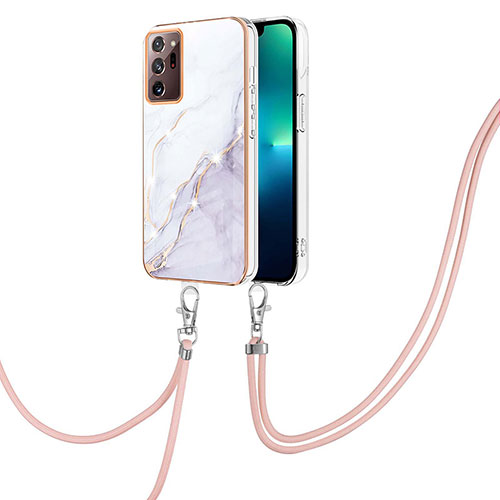 Silicone Candy Rubber Gel Fashionable Pattern Soft Case Cover with Lanyard Strap Y05B for Samsung Galaxy Note 20 Ultra 5G White