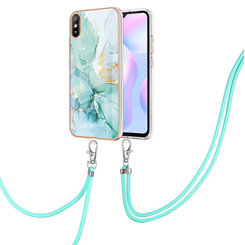 Silicone Candy Rubber Gel Fashionable Pattern Soft Case Cover with Lanyard Strap Y05B for Xiaomi Redmi 9A Green