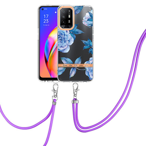 Silicone Candy Rubber Gel Fashionable Pattern Soft Case Cover with Lanyard Strap Y06B for Oppo Reno5 Z 5G Blue