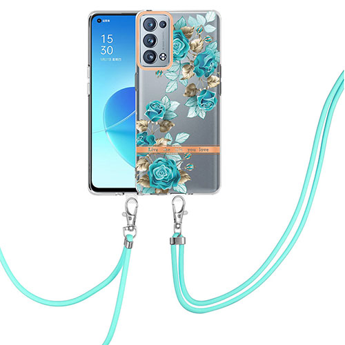 Silicone Candy Rubber Gel Fashionable Pattern Soft Case Cover with Lanyard Strap Y06B for Oppo Reno6 Pro 5G Cyan