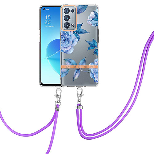 Silicone Candy Rubber Gel Fashionable Pattern Soft Case Cover with Lanyard Strap Y06B for Oppo Reno6 Pro+ Plus 5G Blue
