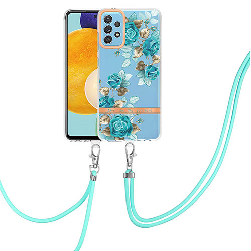 Silicone Candy Rubber Gel Fashionable Pattern Soft Case Cover with Lanyard Strap Y06B for Samsung Galaxy A52 5G Cyan